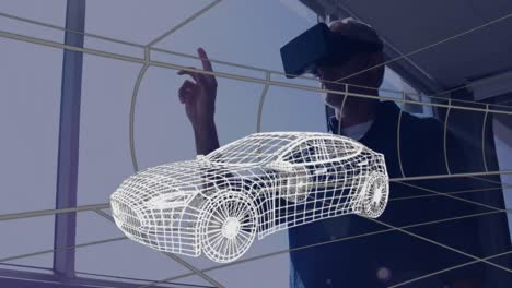 modelo de coche 3d sobre túnel digital contra el hombre que usa auriculares vr en la oficina