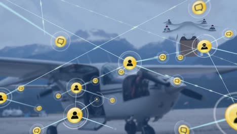 Animation-of-network-of-connections-with-icons-over-drone-carrying-box-and-plane-in-background