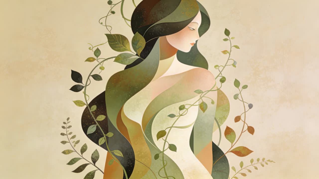 Une femme aux motifs végétaux se dévoilant sur son dos beige chaud, tandis que la caméra effectue un panoramique, le cadrage montrant des rubans de feuilles et des lianes.