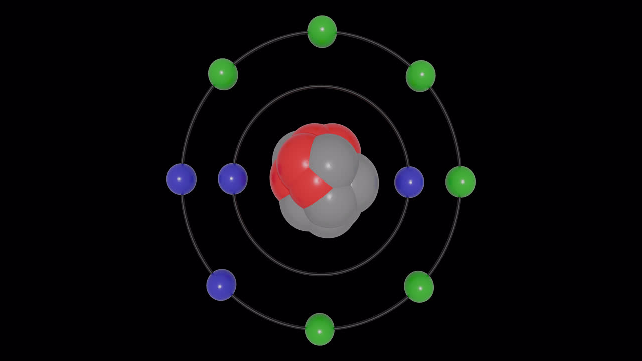 3D-Animation eines Neon-Atoms (Ne) im Bohrschen Modell mit Elektronenbahnen, Atomkern, Protonen und Neutronen sowie Energieniveaus in nahtloser Endlosschleife auf transparentem Hintergrund. Ideal für visuelle MINT-Bildungsinhalte