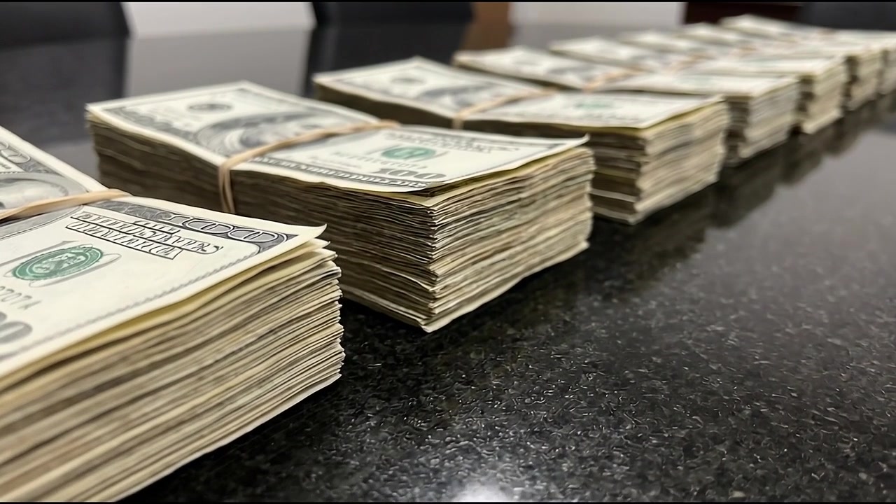 Männliche Hände hantieren mit Stapeln von Hundert-Dollar-Banknoten in einem Tresor.