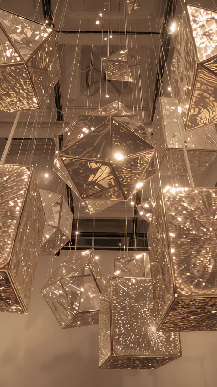 Vertical video: Tilting camera revealing metal lantern cluster in lobby casting patterned light