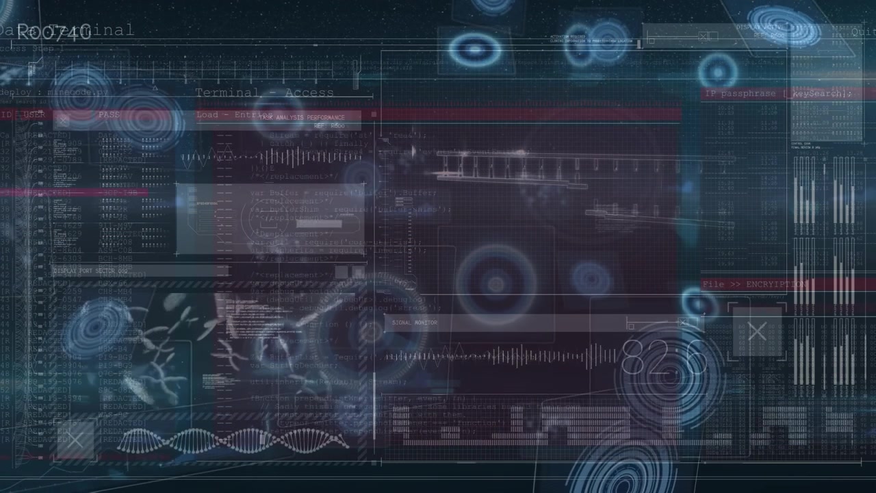 Animation of data processing over scan scope on dark background