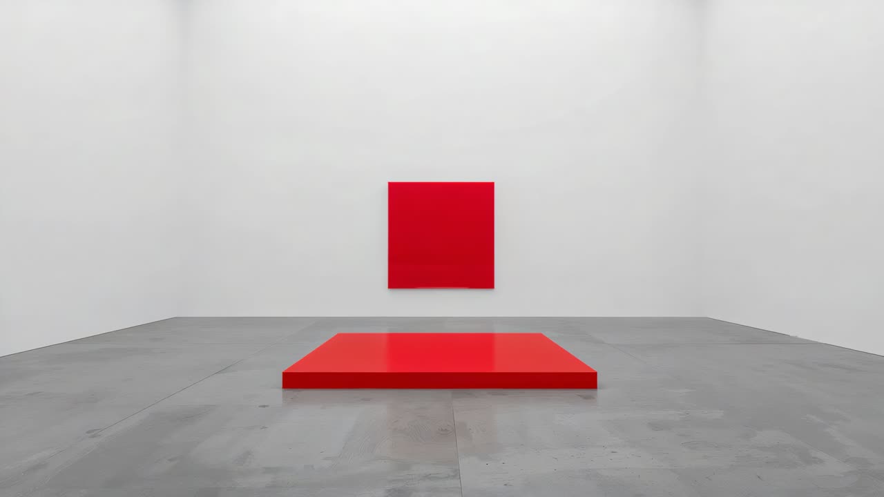 Lavtliggende rød sokkel i bevægelse, der forstørres på tværs af frames under rød firkant i hvidt galleri, der reflekterer lys