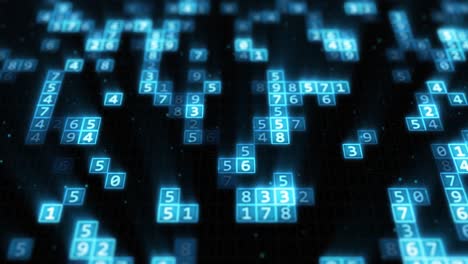 azulejos de cuadrícula de memoria de números aleatorios futuristas dentro de la computadora digital - animación de fondo de movimiento de bucle sin costuras de 4k