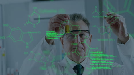 animación del procesamiento de datos científicos sobre un científico caucásico en el laboratorio.