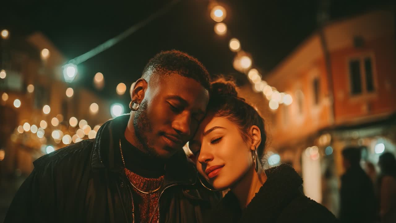 A Romantic Moment Under Strings of Festive Lights, Capturing the Intimate Connection Between Two People Enjoying the Night Together in a Magical Atmosphere