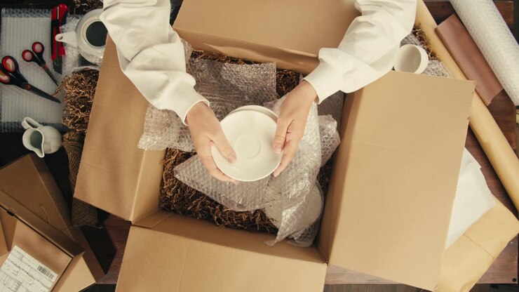E-commerce storage shop, woman packing goods and clothes for second hand delivery market, dedicated Packaging and Shipping Workspace with Supplies and Technology for efficiency, online sales.
