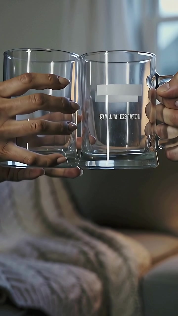 Vídeo vertical: Entrando no quadro, mãos de dois adultos brindando segurando canecas transparentes no sofá