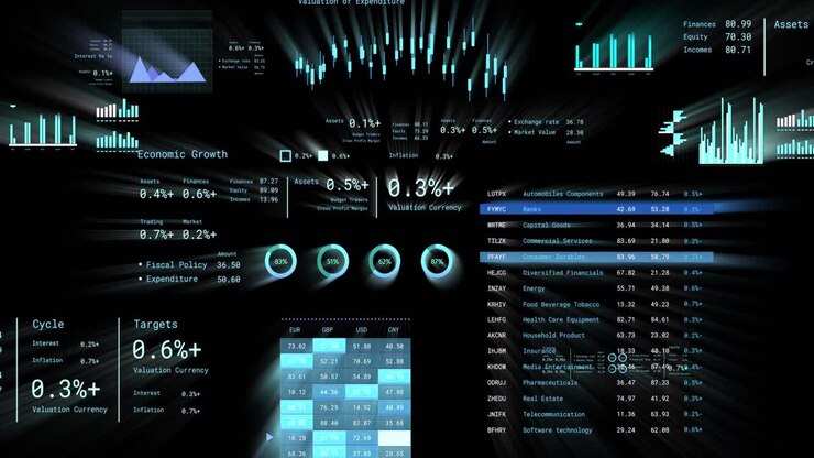 Animation of financial data processing with numbers over black background