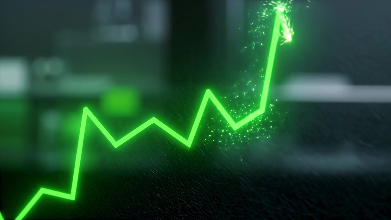Vista ravvicinata di una linea luminosa verde neon che forma un grafico frastagliato su una superficie scura e texturizzata, salendo attraverso più picchi e terminando in un'esplosione di scintille luminose con particelle simili a braci, audace e futuristico.