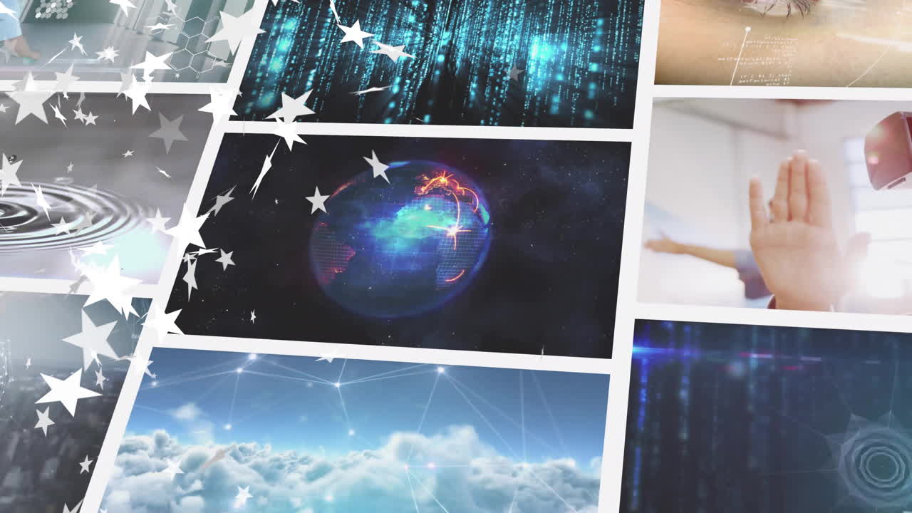 Stars and cosmic imagery animation over diverse scenes and abstract backgrounds