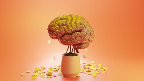 3d animation of dry leaves falling from brain in potted plant