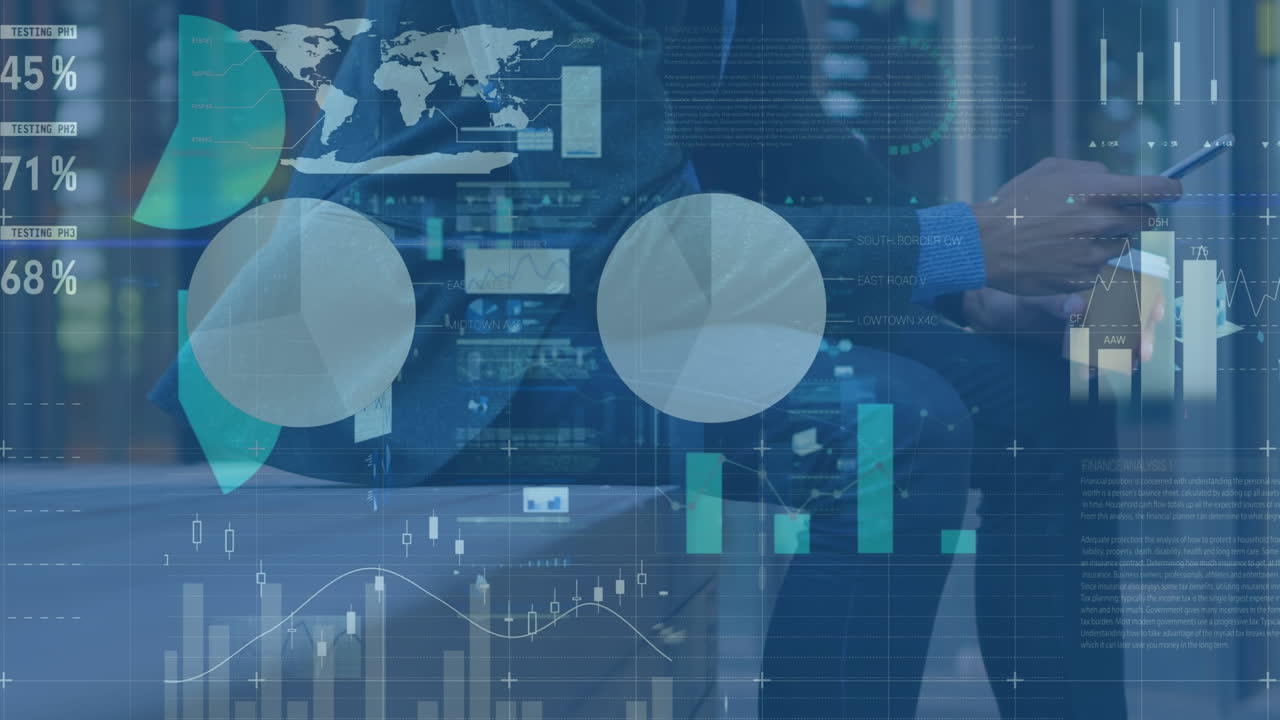 Animation of data processing over biracial man using smartphone