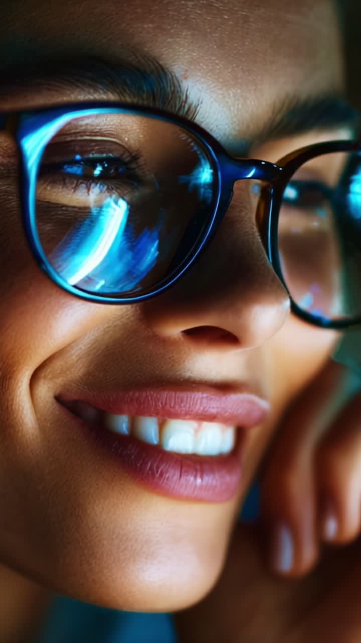 Primo piano di una donna sorridente, che mette in risalto i suoi occhiali e il riflesso della luce, evidenziando la sua espressione gioiosa e i dettagli dei suoi tratti somatici