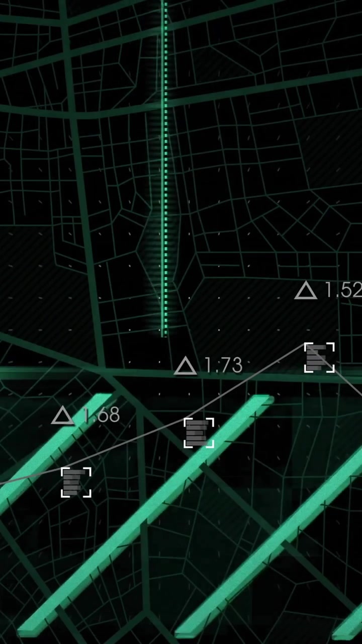 Data processing animation over digital map with numerical values and green lines