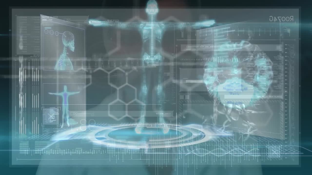 animación de pantalla con cuerpo humano, hilado de cadena de adn y procesamiento de datos médicos