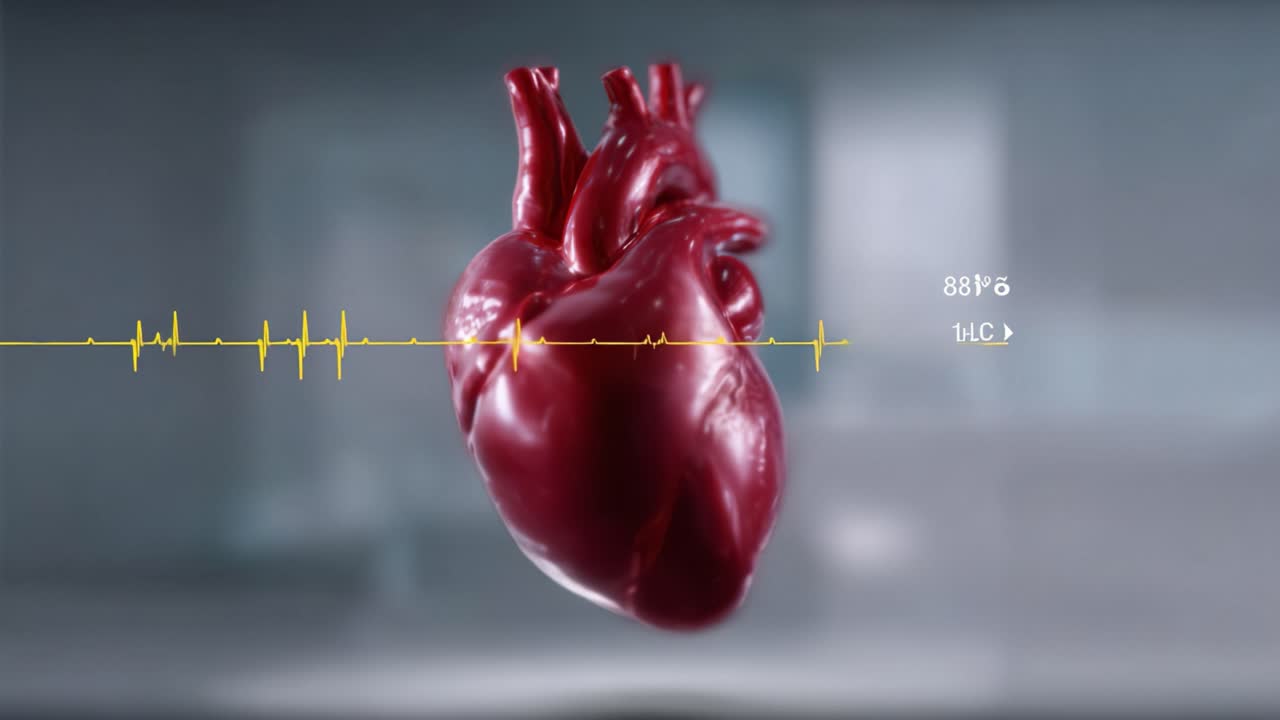 Visualisasi 3D Jantung Manusia dengan Monitor Detak Jantung yang Menampilkan Tanda-tanda Vital dan Ritme Jantung dalam Lingkungan Klinis.