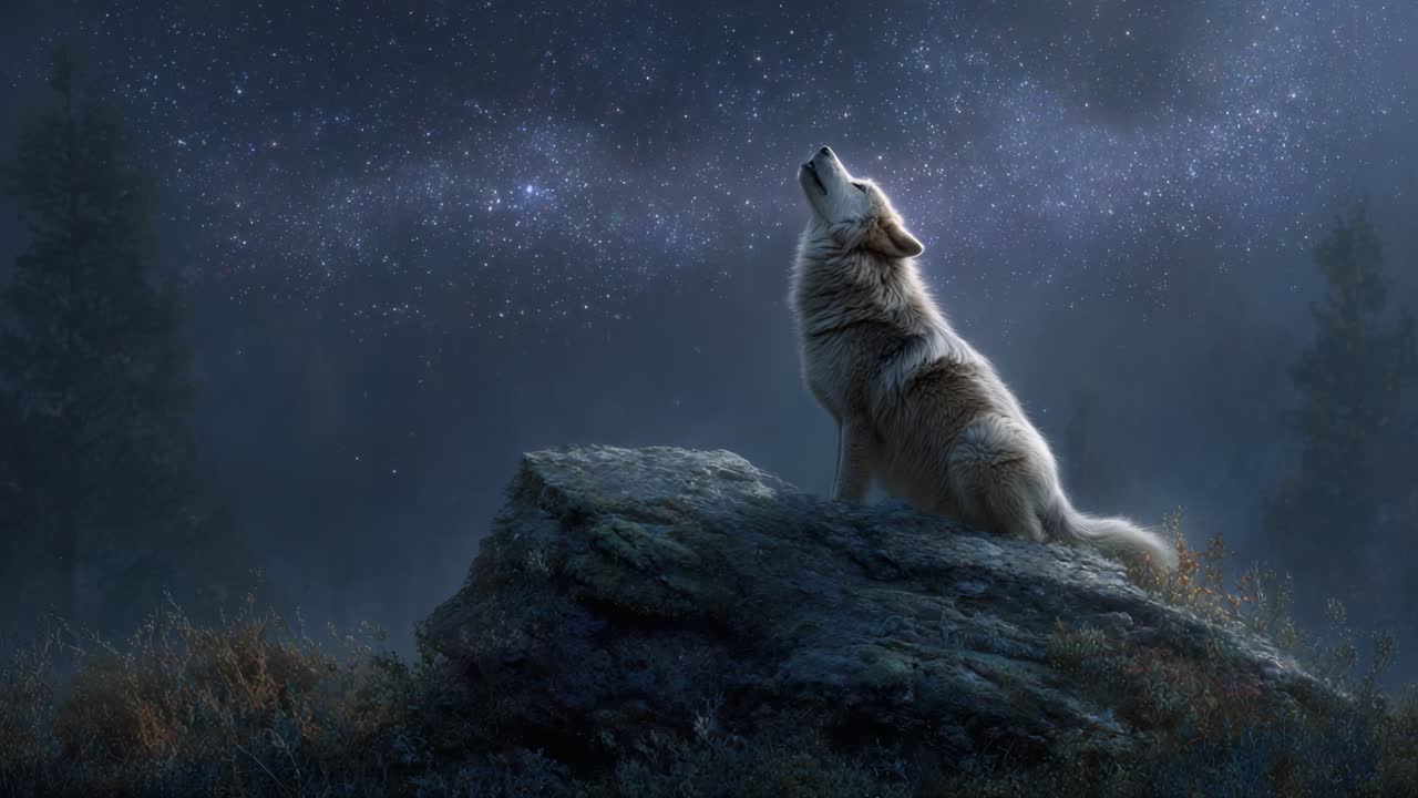 A majestic wolf sitting atop a rocky outcrop gazes up at the starry night sky, howling in harmony with the vast universe, evoking a sense of wonder and connection to nature