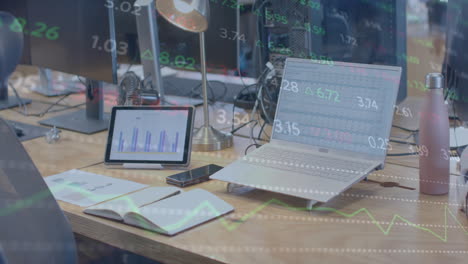 animation of financial data processing over computer on office desk