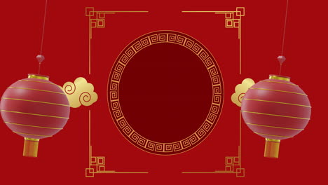 Animation-of-lanterns-and-chinese-pattern-with-copy-space-on-red-background