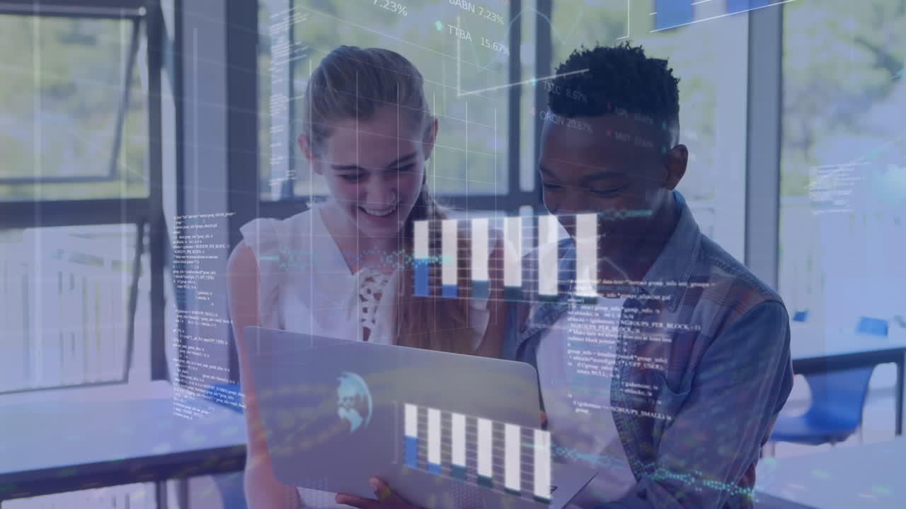 Animation of data processing with statistics over diverse business people using laptop