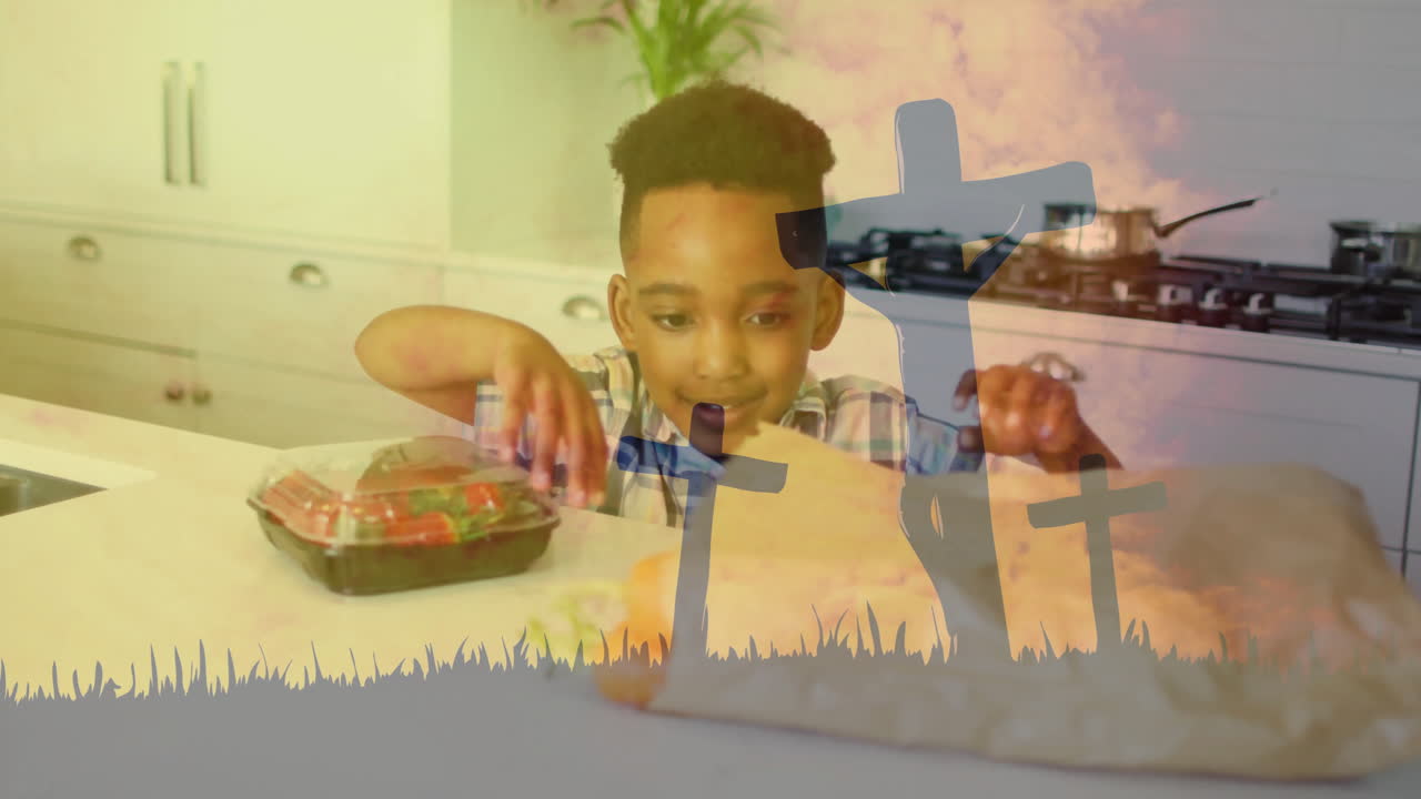 cruces y animación de puesta de sol sobre el niño que alcanza la comida en la cocina