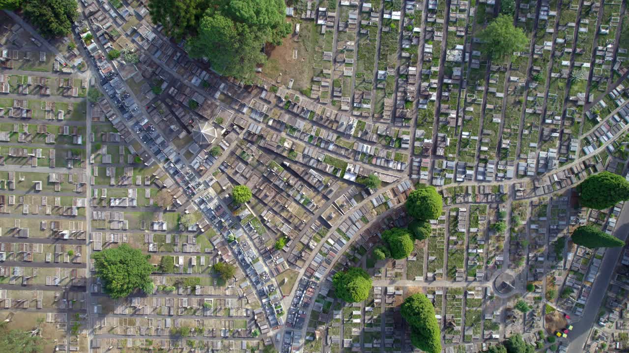 Drone view straight down over the Boroondara General Cemetery, Kew, Victoria, Australia. March 2025.