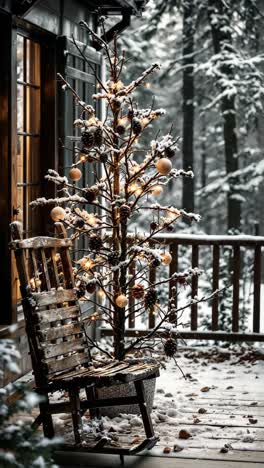 decoración de navidad rústica en un porche nevado