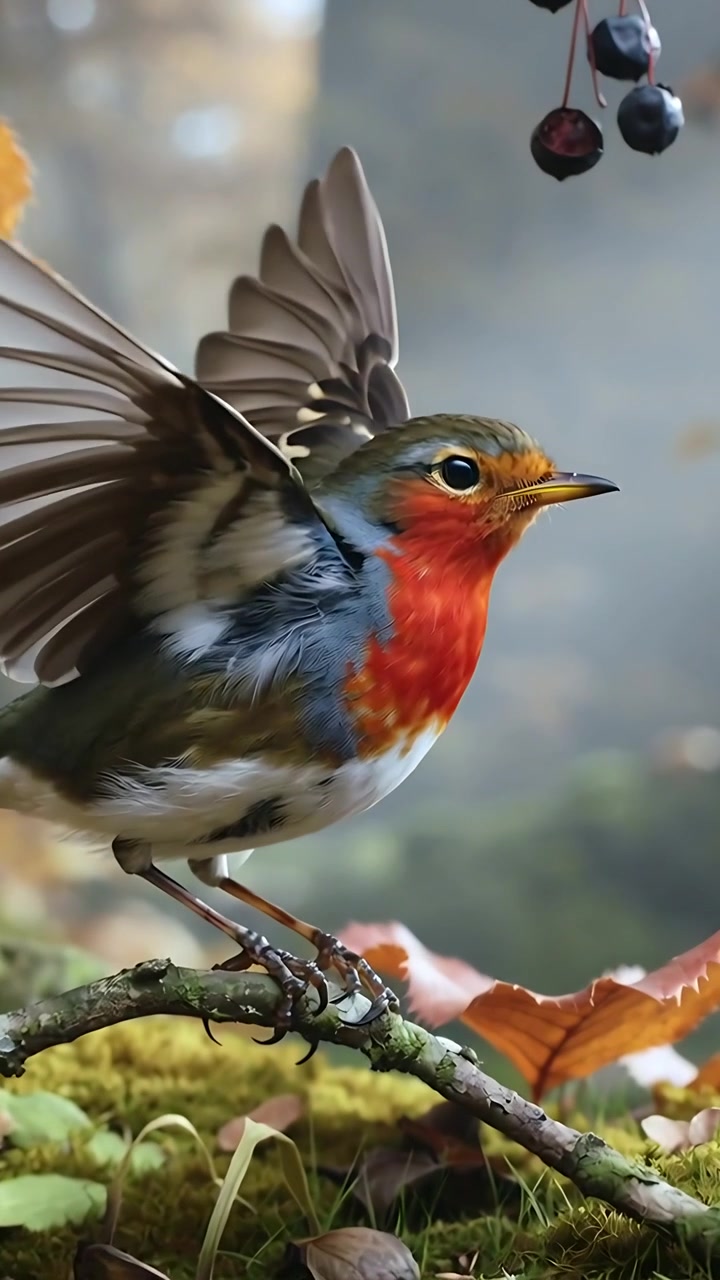 Vidéo verticale : Repérant des baies, un rouge-gorge se préparant et s'élançant d'un perchoir moussu dans les bois pour chercher de la nourriture.