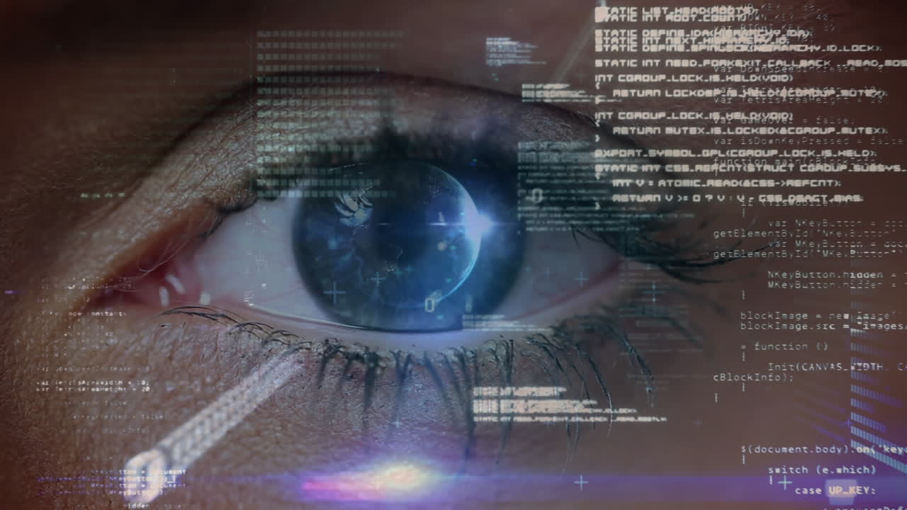 animazione dell'elaborazione dei dati e codifica binaria sull'occhio blu