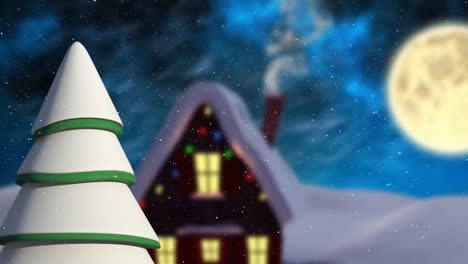 animación de un paisaje de invierno con una casa decorada sobre fondo azul