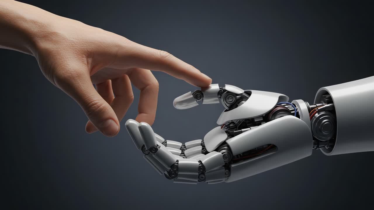 A Human Hand Reaching to Touch a Robotic Hand, Symbolizing the Connection Between Humanity and Advanced Technology in a Futuristic Setting