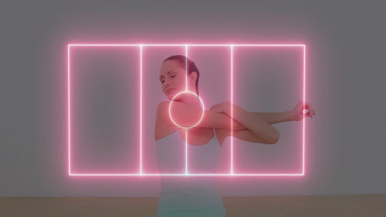 Female yoga practitioner stretching arms in studio, showing pink neon frames and circle for health