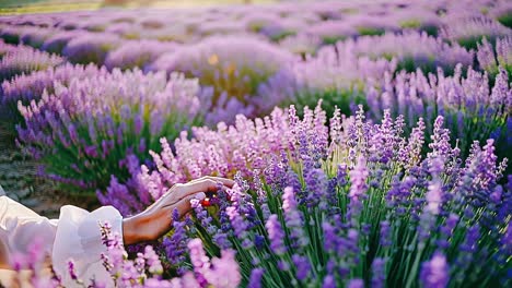 woman's hand touches lavender flowers in a field