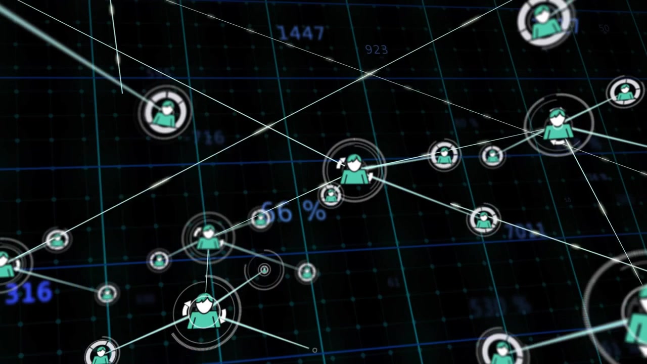 Central avatar extending link, forming node web on grid, numbers shifting, showing analytics