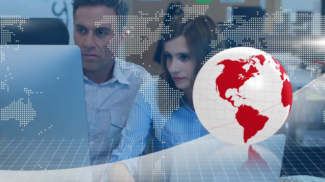Map graphic fading in man pointing at screen and woman navigating business analysis rotating globe