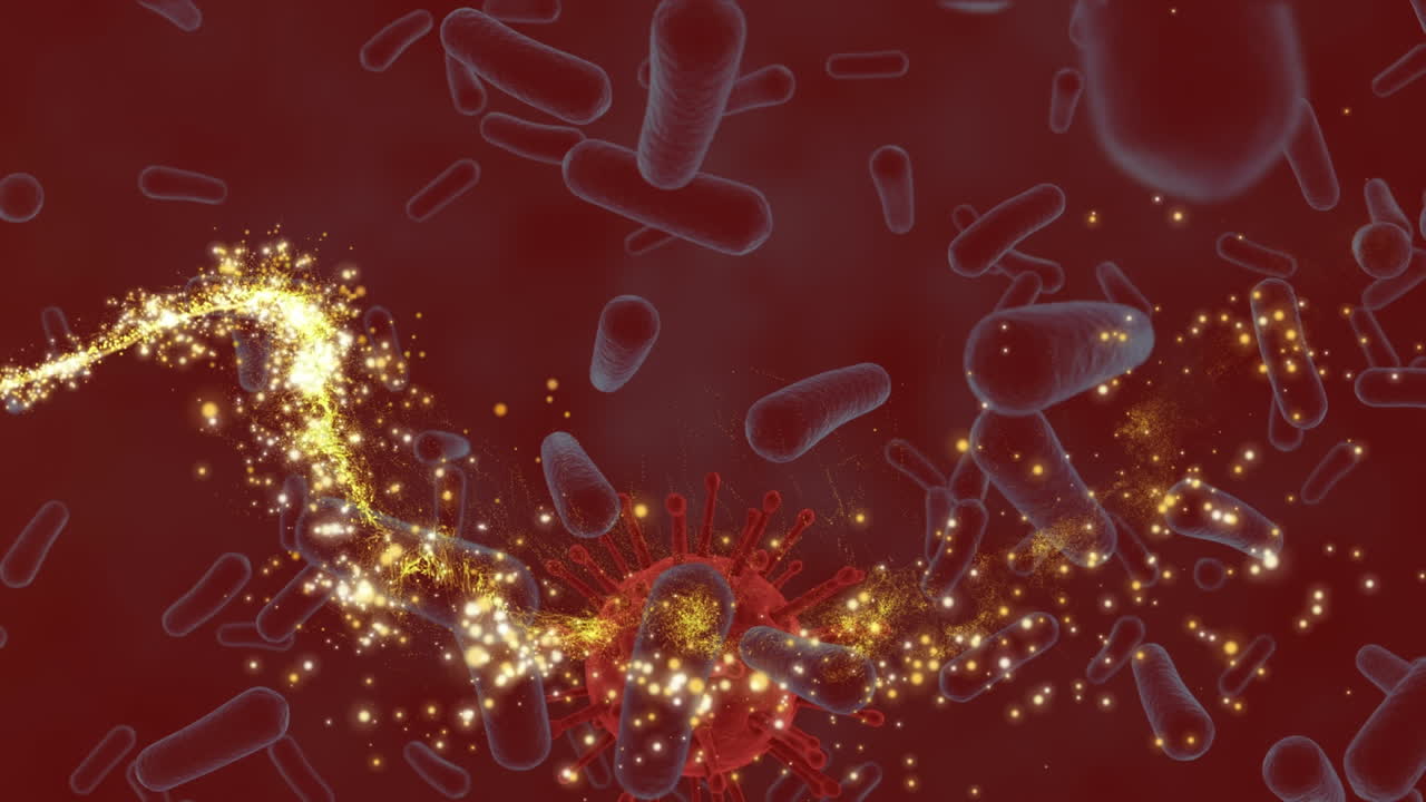 어두운 배경 위에서 움직이는 세포에 빛의 흔적의 애니메이션