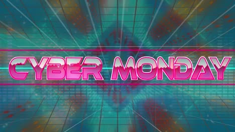 Animation-Von-Cyber-Monday-Text-über-Neonlinien-Und-Blauem-Gitterhintergrund