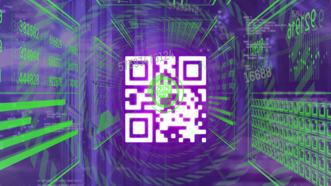Animation of data processing with qr code over server room