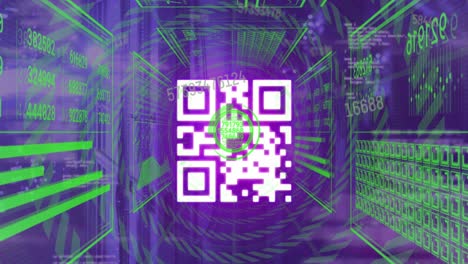 Animation-Der-Datenverarbeitung-Mit-QR-Code-über-Dem-Serverraum