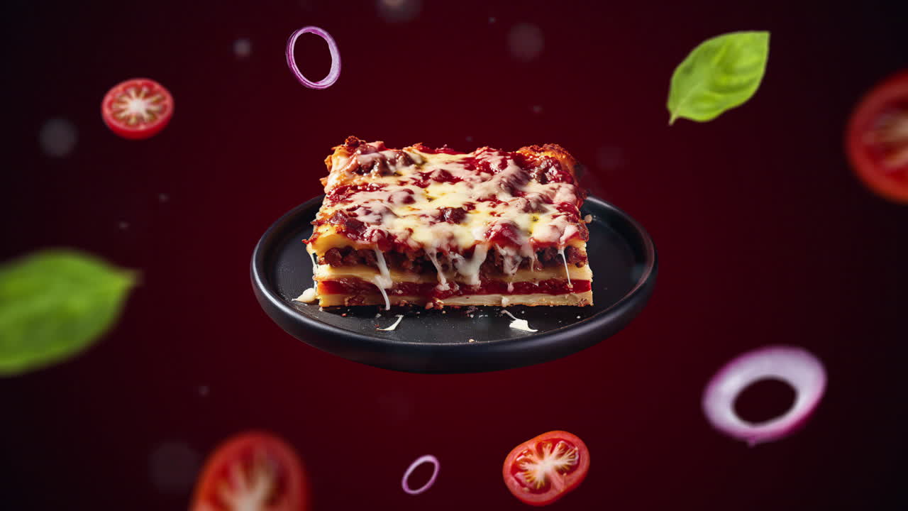 pizza estilo detroit en un plato introducción de animación para publicidad o comercialización de restaurantes con los ingredientes del plato volando en el aire - etiqueta de precio o venta