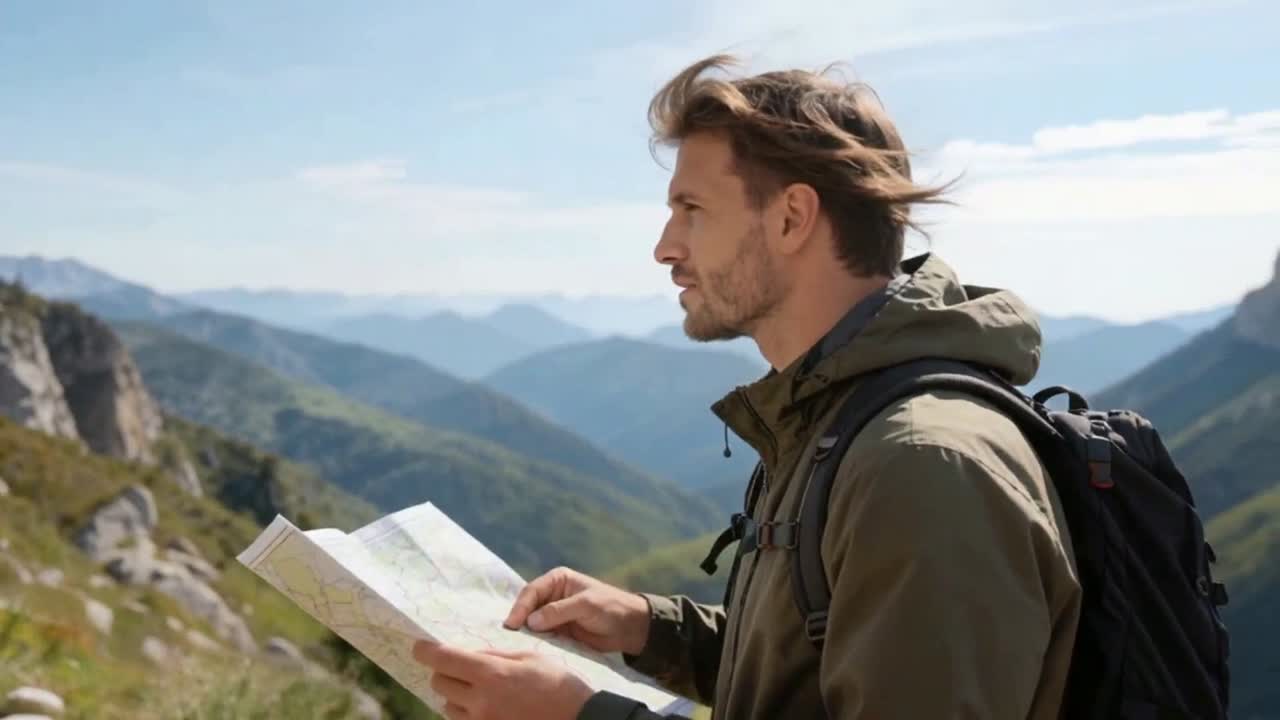 Adventurous Man Reading Map While Hiking in Mountains