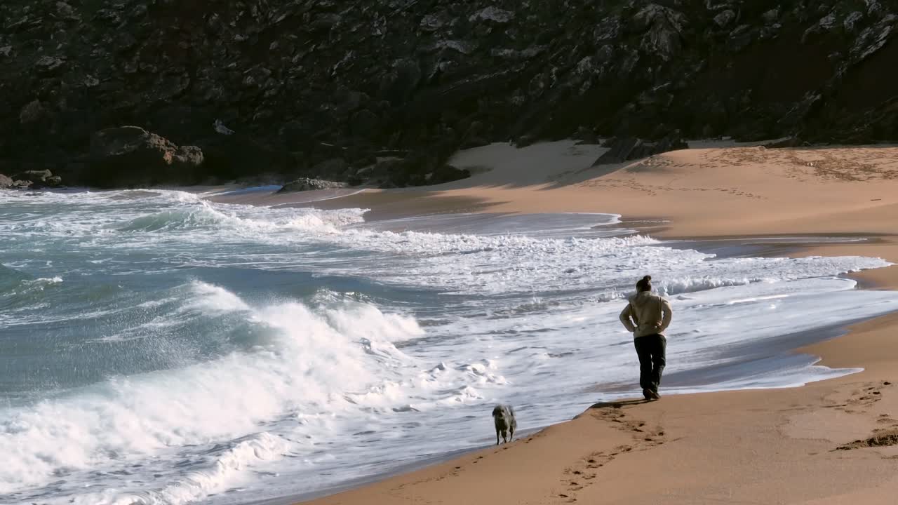 persona paseando a un perro a lo largo de la playa europea con olas rompiendo a lo largo de la costa