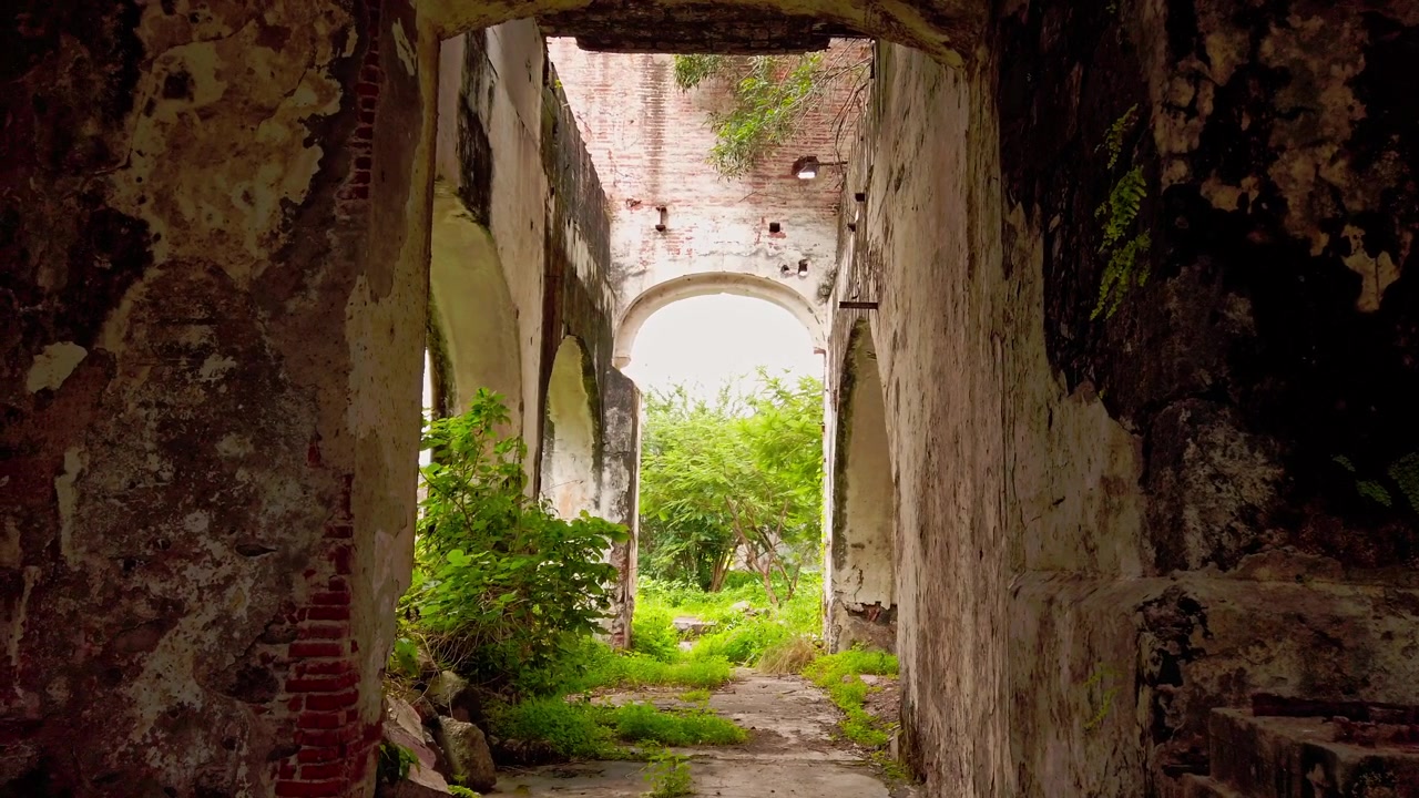 Interno di un'hacienda in rovina con muri in mattoni e pietra consumati dalle intemperie, porte ad arco, muschio e vegetazione incolta, che mostra l'architettura storica a Oacalco, Morelos, Messico
