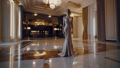 fashion model showcasing an elegant gold dress while posing in a luxurious hotel lobby featuring a stunning marble floor and grand columns, exuding sophistication and glamour