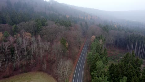 Leere-Straße,-Die-Durch-Die-Wälder-Zu-Den-Nebligen-Bergen-Am-Horizont-Führt