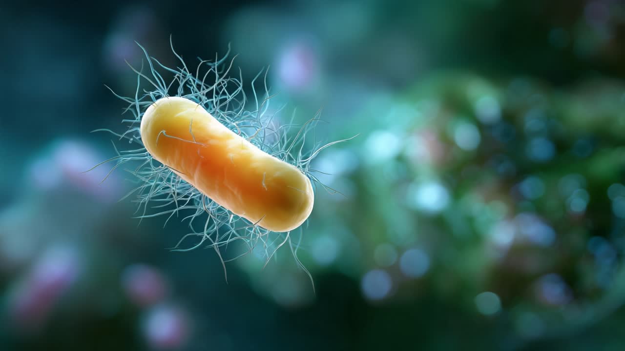 Microscopic View of a Bacteria with Flagella: Detailed Visual Representation of Bacterial Structure and Movement in a Colorful Microbial Environment