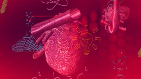 animation of chemical formulas over human heart model on dark background