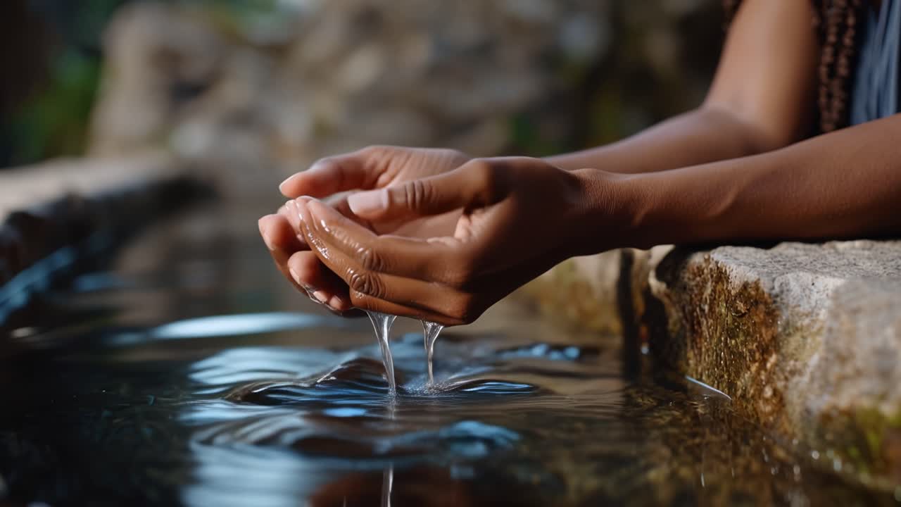 Un momento sereno capturado mientras las manos interactúan con gracia con el agua, reflejando tranquilidad y conexión con la naturaleza, mostrando la belleza de los gestos suaves.